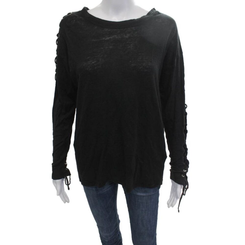 IRO Women Black Linen Round Neck Lace Up Long Sleeve Sweater Gothic Size M